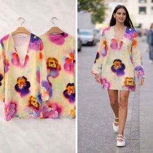 Wray Pansy Floral Cotton Mini Dress Size M | V-Neck Long Sleeve Summer Coverup